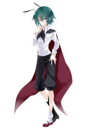 Rule 34 | 1girl, androgynous, antennae, bifrst, blue eyes, cape, full body, green hair, highres, looking at viewer, mary janes, pants, reverse trap, shoes, short hair, simple background, solo, tomboy, touhou, white background, wriggle nightbug