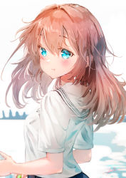 Rule 34 | 1girl, absurdres, blouse, blue eyes, blush, brown hair, hair between eyes, highres, holding, long hair, looking at viewer, looking back, ojay tkym, original, pout, pouty lips, sailor collar, shirt, short sleeves, signature, solo, upper body, white sailor collar, white shirt