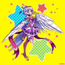 Rule 34 | 1girl, absurdres, animal hands, bare shoulders, bird legs, blush, bow, claws, commentary, dress, english commentary, grey feathers, hair ornament, hairclip, harpy, highres, looking at viewer, magical girl, medium hair, monster girl, original, pink bow, pink dress, pink thighhighs, pinkpio1, short ponytail, solo, star (symbol), star hair ornament, stirrup legwear, talons, thighhighs, toeless legwear, valk (devalk), virtual youtuber, w, winged arms, wings, yellow eyes, zettai ryouiki