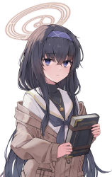 Rule 34 | 1girl, black hair, black neckerchief, blue archive, blue eyes, blue hairband, book, brown cardigan, cardigan, commentary request, hachita (odangoya), hairband, halo, highres, holding, holding book, long hair, long sleeves, looking at viewer, neckerchief, school uniform, serafuku, simple background, solo, ui (blue archive), upper body, white background, white serafuku