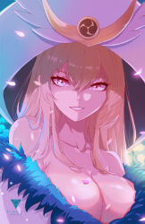 Rule 34 | 1girl, artist logo, bare shoulders, blonde hair, blue fur, breasts, cleavage, collarbone, dress, fairy tail, hat, highres, large breasts, large hat, long hair, looking at viewer, off-shoulder dress, off shoulder, petal on body, pink petals, red eyes, ridd-li, selene (fairy tail), shiny skin, solo, tomoe (symbol), upper body