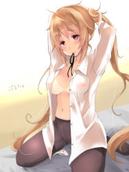 Rule 34 | 10s, 1girl, adjusting hair, black pantyhose, blonde hair, blush, breasts, clothes removed through clothes, comb, covered erect nipples, crotch seam, dress shirt, hair ribbon, heart, heart-shaped pupils, highres, kantai collection, light brown hair, long hair, looking at viewer, murasame (kancolle), navel, no bra, on bed, open clothes, open shirt, panties, unworn panties, pantyhose, purunyara, red eyes, ribbon, school uniform, shirt, sitting, smile, solo, symbol-shaped pupils, tan, tanline, thighband pantyhose, twintails, underwear
