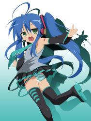Rule 34 | 1girl, :3, absurdres, ahoge, armpits, cosplay, detached sleeves, female focus, gradient background, hatsune miku, hatsune miku (cosplay), headphones, headset, highres, izumi konata, kotobuki hajime, lineart, long hair, looking back, lucky star, mole, necktie, open mouth, outstretched arms, outstretched hand, panties, pantyshot, solo, spread arms, standing, standing on one leg, stiky finkaz, thighhighs, third-party edit, twintails, underwear, upskirt, vector trace, vocaloid