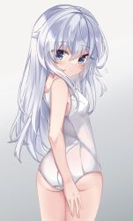Rule 34 | 1girl, ass, blue eyes, commentary request, cowboy shot, fathom, from behind, gradient background, grey background, hibiki (kancolle), highres, kantai collection, long hair, looking at viewer, looking back, one-piece swimsuit, school swimsuit, silver hair, solo, standing, swimsuit, white one-piece swimsuit