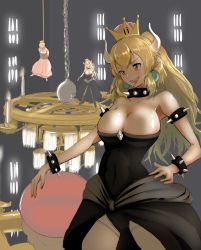 Rule 34 | 2girls, armlet, black dress, blonde hair, blue eyes, bound, bowsette, bracelet, breasts, chain chomp, cleavage, dress, earrings, highres, horns, jewelry, large breasts, mario (series), multiple girls, nintendo, pointy ears, princess peach, sharp teeth, spiked bracelet, spikes, strapless, strapless dress, super crown, super mario rpg, take (trude1945oneetyan), teeth, tied up (nonsexual), tongue, tongue out
