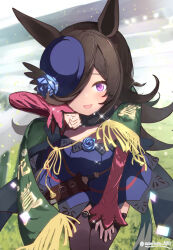 1girl amutaro animal_ears blue_flower blue_rose brown_hair dagger dress flower hair_over_one_eye hat hat_flower highres horse_ears horse_girl horse_tail kikuka-sho knife long_hair long_sleeves looking_at_viewer off-shoulder_dress off_shoulder purple_eyes rice_shower_(umamusume) rose sheath sheathed smile solo tail thighhighs tilted_headwear twitter_username umamusume weapon