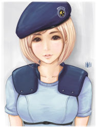 Rule 34 | 1girl, alternate hair color, bad id, bad pixiv id, beret, blonde hair, blue eyes, breasts, hat, highres, jill valentine, light smile, lips, looking at viewer, parted lips, resident evil, short hair, short sleeves, solo, sweetsoupman, upper body