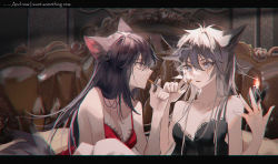 Rule 34 | 2girls, animal ear fluff, animal ears, arknights, bare arms, bare shoulders, black dress, black hair, blue eyes, breasts, brown eyes, cigarette, cleavage, collarbone, dress, fire, fire, grey hair, highres, holding, ikag, indoors, lace, lace-trimmed dress, lace trim, lappland (arknights), letterboxed, lighter, long hair, multiple girls, photoshop (medium), red dress, scar, scar across eye, scar on face, sleeveless, sleeveless dress, small breasts, smoke, smoking, tail, texas (arknights), upper body, very long hair, wolf ears, wolf girl, wolf tail
