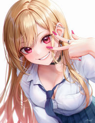 Rule 34 | 1girl, absurdres, blonde hair, blue necktie, blue skirt, blush, breasts, collared shirt, commentary request, ear piercing, grin, hand up, heartki, highres, jewelry, kitagawa marin, large breasts, leaning forward, long hair, looking at viewer, nail polish, necktie, piercing, pink nails, plaid, plaid skirt, pleated skirt, red eyes, revision, ring, school uniform, shirt, simple background, skirt, smile, solo, sono bisque doll wa koi wo suru, upper body, v, v over eye, white background, white shirt