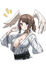 Rule 34 | 1girl, aotsuba, blue eyes, breast tattoo, breasts, brown hair, covered erect nipples, eunie (xenoblade), head wings, highres, large breasts, medium hair, simple background, solo, tattoo, white background, white wings, wings, xenoblade chronicles (series), xenoblade chronicles 3