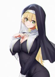 Rule 34 | + +, 1girl, black robe, blonde hair, blush, breasts, catholic, center opening, cleavage, covered navel, cowboy shot, cross, cross-laced clothes, crucifix, green eyes, habit, hair between eyes, hand on own chest, jewelry, large breasts, long hair, long sleeves, looking at viewer, necklace, nun, original, robe, sidelocks, simple background, smile, solo, standing, symbol-shaped pupils, unzipped, white background, xiujia yihuizi