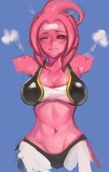 Rule 34 | 1girl, black sclera, blush, breasts, cleavage, colored sclera, colored skin, cropped arms, cropped legs, dragon ball, dragon ball xenoverse, dragonball z, evan yang, female focus, female majin, genderswap, genderswap (mtf), halterneck, halterneck, image sample, lamp (epe-tohri), large breasts, majin (race), midriff, one eye closed, pink skin, red eyes, solo, steam