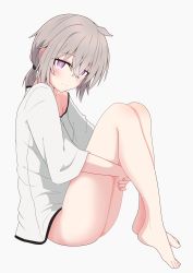 Rule 34 | 1girl, absurdres, barefoot, blush, bottomless, breasts, cowlick, from side, girls&#039; frontline, gotoo, hair between eyes, hair tie, highres, hugging own legs, light smile, looking at viewer, low ponytail, m200 (girls&#039; frontline), naked shirt, pink eyes, shirt, sidelocks, silver hair, simple background, sitting, small breasts, solo, white background, white shirt