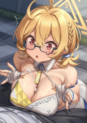 Rule 34 | 1boy, 1girl, absurdres, ahoge, bare shoulders, blonde hair, blue archive, blush, braid, breasts, breasts squeezed together, cheerleader, cleavage, collarbone, cum, ejaculation, fingerless gloves, glasses, gloves, halo, hetero, highres, kotori (blue archive), kotori (cheer squad) (blue archive), large breasts, low twintails, millennium cheerleader outfit (blue archive), momo no sukebe, open mouth, paizuri, paizuri under clothes, penis, red eyes, short hair, single braid, solo focus, sweat, twintails, white gloves