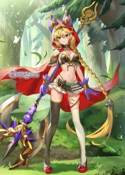 Rule 34 | 1girl, arm at side, artist request, asymmetrical legwear, axe, battle axe, black thighhighs, blonde hair, bow, braid, breasts, bug, butterfly, cape, closed mouth, collar, copyright name, day, evertale, forest, full body, gloves, highleg, highleg panties, highres, holding, holding axe, hood, hood up, hooded cape, insect, long hair, looking at viewer, medium breasts, miniskirt, mismatched legwear, nature, navel, official art, panties, purple gloves, red cape, red footwear, revealing clothes, shanna (evertale), shoes, skirt, solo, standing, thigh strap, thighhighs, tree, underbust, underwear, very long hair, weapon, white thighhighs, yellow eyes