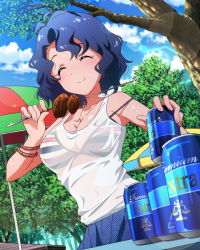 Rule 34 | 10s, 1girl, ^ ^, barbecue, blue hair, bracelet, breasts, can, cleavage, closed eyes, drink can, eating, food, idolmaster, idolmaster million live!, jewelry, kebab, messy hair, necklace, official art, see-through, short hair, soda can, tank top, toyokawa fuka