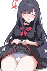 Rule 34 | 1girl, :d, ^ ^, absurdres, black choker, black hair, black sailor collar, black serafuku, blue archive, blush, choker, closed eyes, clothes lift, commentary request, hair ornament, hairclip, halo, highres, ichika (blue archive), lifting own clothes, long hair, metsu end, neckerchief, open mouth, panties, red halo, red neckerchief, sailor collar, school uniform, serafuku, simple background, sitting, skirt, skirt lift, smile, solo, thighs, underwear, white background, white panties