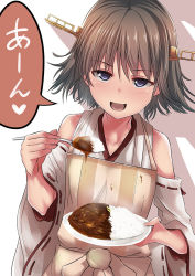 Rule 34 | 10s, 1girl, :d, apron, blue eyes, brown hair, collarbone, commentary request, curry, curry rice, feeding, food, headgear, hiei (kancolle), holding, incoming food, kantai collection, looking at viewer, nontraditional miko, open mouth, plate, pov feeding, ribbon-trimmed sleeves, ribbon trim, rice, short hair, simple background, smile, solo, speech bubble, tai (nazutai), translation request, upper body, white background