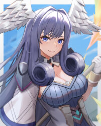 Rule 34 | 1girl, blue eyes, blue hair, breasts, cleavage, commentary request, devonrex, gloves, hair intakes, head wings, highres, large breasts, long hair, looking at viewer, melia antiqua, smile, solo, upper body, very long hair, white gloves, wings, xenoblade chronicles (series), xenoblade chronicles 3