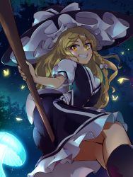 Rule 34 | 13-gou, 1girl, apron, black dress, black socks, blonde hair, bow, braid, broom, buttons, dress, frilled dress, frills, hair bow, hat, hat bow, kirisame marisa, night, outdoors, puffy sleeves, short hair, short sleeves, side braid, socks, touhou, waist apron, white bow, witch hat, yellow eyes