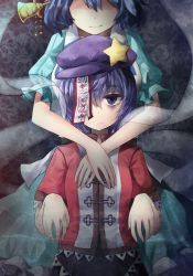 Rule 34 | 2girls, arms around neck, bags under eyes, beret, blouse, blue hair, expressionless, floral print, foreshortening, fuente, hair between eyes, hair ornament, hair stick, hat, highres, jitome, kaku seiga, looking at viewer, miyako yoshika, multiple girls, no eyes, ofuda, outstretched arms, puffy short sleeves, puffy sleeves, purple eyes, purple hair, shaded face, shawl, shirt, short hair, short sleeves, smirk, solo focus, star (symbol), touhou, upper body, zombie pose