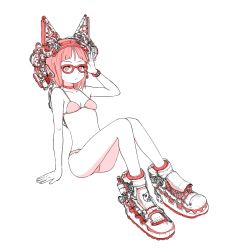 Rule 34 | 1girl, :&lt;, animal ears, arm support, ass, bare arms, bare legs, bare shoulders, bikini, bolt, breasts, choker, collarbone, commentary request, closed eyes, fake animal ears, gears, glasses, groin, headband, highres, knees up, looking at viewer, mechanical parts, naotake (sugaki file), original, pink bikini, red-framed eyewear, red choker, red eyes, red hair, shoes, short hair, simple background, sitting, small breasts, solo, swimsuit, thighs, toes, watch, white background, wristwatch