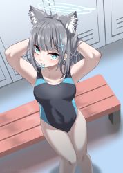 Rule 34 | 1girl, animal ear fluff, animal ears, arms behind head, bench, black one-piece swimsuit, blue archive, blue eyes, breasts, competition swimsuit, covered navel, cross hair ornament, extra ears, from above, grey hair, hair ornament, hair tie, halo, highres, locker, looking at viewer, low ponytail, medium breasts, medium hair, mismatched pupils, mouth hold, multicolored clothes, multicolored swimsuit, one-piece swimsuit, ramiel1111, rubber band, shiroko (blue archive), shiroko (swimsuit) (blue archive), standing, swimsuit
