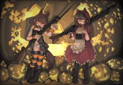 Rule 34 | 2girls, alternate costume, animal ears, animal hood, bayonet, black legwear, blush, boots, brown hair, candy, capelet, cross-laced footwear, dress, food, frilled dress, frills, gun, hair between eyes, hair ornament, hairclip, halloween, highres, holding, holding gun, holding weapon, hood, hood up, hooded capelet, ikazuchi (kancolle), inazuma (kancolle), jack-o&#039;-lantern, kantai collection, knee boots, kuro4221, lace-up boots, lollipop, mouth hold, multiple girls, panties, pump action, scrunchie, short hair, shotgun, sidelocks, signature, standing, striped clothes, striped legwear, striped thighhighs, tail, thighhighs, underwear, weapon, weapon request, white panties, winchester model 1897, wrist scrunchie, yellow eyes