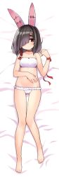 Rule 34 | 1girl, animal ears, azur lane, bags under eyes, bare arms, bare legs, bare shoulders, barefoot, bed sheet, black hair, bow, bow bra, bra, breasts, rabbit ears, choker, collarbone, dakimakura (medium), facing viewer, fake animal ears, frilled panties, frills, full body, gluteal fold, groin, hair over one eye, legs, legs apart, looking away, looking to the side, midriff, moru (monaka), navel, panties, red bow, red choker, red eyes, shiranui (azur lane), short hair, small breasts, solo, sports bra, stomach, thick eyebrows, underwear, white bra, white panties, wristband