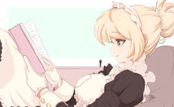 Rule 34 | 1girl, 2boys, apron, blonde hair, book, breasts, commentary, english commentary, frills, from side, giant, giantess, gloves, hair bun, highres, knees up, large breasts, long sleeves, lying, lying on person, maid, maid apron, maid headdress, multiple boys, on back, on stomach, open book, original, parted lips, raps (yohomeboyraps), reading, signature, simple background, single hair bun, smile, watermark, white gloves