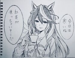 Rule 34 | 1girl, animal ears, blush, bow, breasts, commentary request, cup, grey background, greyscale, hair between eyes, hand up, highres, holding, holding cup, horse ears, long hair, long sleeves, medium breasts, mizuiro neko, monochrome, multicolored hair, parted lips, photo (medium), puffy long sleeves, puffy sleeves, pun, school uniform, simple background, solo, steam, streaked hair, symboli rudolf (umamusume), tracen school uniform, traditional media, translation request, two-tone hair, umamusume, upper body, very long hair