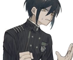 Rule 34 | 1boy, ahoge, black hair, breast pocket, brown eyes, buttons, clenched teeth, commentary request, danganronpa (series), danganronpa v3: killing harmony, double-breasted, gloves, hair between eyes, hands up, highres, jacket, long sleeves, male focus, nokoru sora, pocket, saihara shuichi, short hair, simple background, sweatdrop, teeth, upper body, white background, white gloves