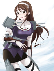 Rule 34 | 10s, 1girl, ashigara (kancolle), black hair, blush, breasts, brown eyes, brown hair, cannon, elbow gloves, feet out of frame, female focus, gloves, hair ornament, hairband, highres, kantai collection, long hair, looking at viewer, open mouth, pantyhose, personification, simple background, skirt, small breasts, solo, tomcat, torpedo, turret, white pantyhose