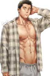 Rule 34 | 1boy, abs, bara, closed mouth, gentle2nd, large pectorals, looking at viewer, male focus, mature male, muscular, muscular male, navel, nipples, open clothes, open shirt, original, pectoral cleavage, pectorals, short hair, solo, stomach