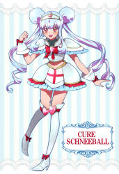 Rule 34 | 1girl, blue eyes, blue hair, boots, character name, double bun, drill hair, full body, hair bun, hairband, kagami chihiro, long hair, magical girl, matching hair/eyes, midriff, navel, original, precure, ribbon, shoulder pads, skirt, smile, solo, striped, striped background, thigh boots, thighhighs, twintails, vertical stripes, very long hair, white footwear, white thighhighs, wrist cuffs
