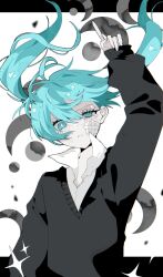 Rule 34 | 1girl, arm up, bandaid, bandaid on cheek, bandaid on face, blue eyes, blue hair, collared shirt, commentary, crescent, crying, floating hair, frown, hatsune miku, highres, index finger raised, long hair, long sleeves, looking at viewer, rolling girl (vocaloid), shirt, solo, sweater, tabun ningen, tears, textless version, twintails, uneven eyes, vocaloid