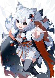 Rule 34 | 1girl, ahoge, animal ear fluff, animal ears, arm up, bad link, black eyes, black thighhighs, chorefuji, commentary request, fang, fox ears, fox girl, fox shadow puppet, fox tail, hair between eyes, hair ornament, highres, looking at viewer, open mouth, original, pleated skirt, sash, short hair, skirt, solo, sparkle, star (symbol), tail, thighhighs, tongue, white background, white hair, white skirt