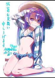 Rule 34 | 1girl, arm support, barefoot, bikini, blue bikini, breasts, brown hat, collarbone, frilled bikini, frills, full body, grin, groin, hand on own head, hat, highres, jacket, leaning back, long hair, long sleeves, looking at viewer, makicha (sasurainopink), navel, new game!, open clothes, open jacket, plaid, plaid bikini, purple eyes, purple hair, sideboob, sitting, small breasts, smile, solo, straw hat, striped clothes, striped jacket, sun hat, suzukaze aoba, swimsuit, twintails, underboob, wariza, wet, white background, zanshomimai