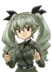 Rule 34 | 10s, 1girl, anchovy (girls und panzer), belt, black ribbon, black shirt, brother tomita, closed mouth, dress shirt, drill hair, girls und panzer, green hair, grey jacket, hair ribbon, holding, jacket, long hair, long sleeves, looking at viewer, military, military uniform, red eyes, ribbon, riding crop, school uniform, shirt, shoulder belt, simple background, sketch, smile, solo, standing, twin drills, twintails, uniform, upper body, white background