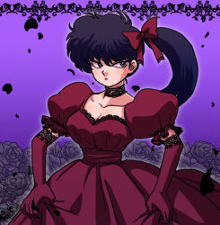 Rule 34 | 1girl, alternate costume, black hair, bow, choker, clothes lift, dress, dress lift, elbow gloves, flower, gloves, hair bow, kunou kodachi, lace, lace-trimmed gloves, lace trim, long hair, looking to the side, petals, puffy short sleeves, puffy sleeves, ranma 1/2, red dress, red gloves, rose, short sleeves, side ponytail, solo, wanta (futoshi)