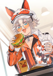 Rule 34 | 1boy, :d, absurdres, animal collar, animal hat, animal print, baseball cap, black collar, black nails, blue eyes, brown hair, burger, buttons, coat, coat on shoulders, collar, collarbone, collared shirt, cup, disposable cup, dog print, dutch angle, eating, fangs, fast food, food, fox hat, from below, fuiyoh, hat, highres, holding, holding cup, holding food, indoors, jewelry, long sleeves, looking at food, male focus, mysta rias, mysta rias (1st costume), nail polish, nijisanji, nijisanji en, open mouth, orange-tinted eyewear, orange shirt, ring, round eyewear, shirt, short hair, smile, solo, striped clothes, striped shirt, sunglasses, table, tinted eyewear, upper body, virtual youtuber, white coat