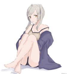 Rule 34 | 1girl, bad id, bad twitter id, bare shoulders, barefoot, breasts, brown eyes, cleavage, fire emblem, fire emblem awakening, full body, grey hair, highres, medium breasts, niko (aiai03012), nintendo, parted lips, robin (female) (fire emblem), robin (fire emblem), simple background, sitting, solo, twintails, white background