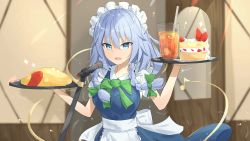 Rule 34 | 1girl, absurdres, apron, blue dress, blue eyes, bow, bowtie, braid, breasts, cake, commentary request, cowboy shot, cup, daysoon1124, dress, drinking glass, drinking straw, food, fruit, green bow, green bowtie, hair between eyes, hair bow, hands up, highres, holding, holding tray, ice, ice cube, indoors, izayoi sakuya, ketchup, maid, maid apron, maid headdress, medium breasts, omelet, omurice, open mouth, puffy short sleeves, puffy sleeves, revision, shirt, short hair, short sleeves, silver hair, smile, solo, sparkle, standing, strawberry, strawberry shortcake, touhou, tray, twin braids, waist apron, white apron, white shirt