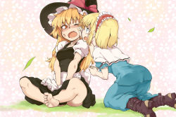 Rule 34 | 2girls, alice margatroid, bad id, bad pixiv id, barefoot, blonde hair, blue eyes, blush, boots, eye contact, fang, feet, female focus, hands on lap, hat, highres, indian style, injury, kariinu, kirisame marisa, kneeling, looking at another, multiple girls, sitting, soles, sweatdrop, toes, touhou, v arms, wince, wiping, witch hat, yellow eyes, yuri