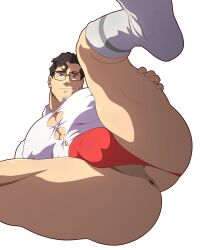 Rule 34 | 1boy, anus, ass, bara, black hair, blue eyes, bulge, bursting pectorals, clark kent, collared shirt, dc comics, dkmate, glasses, highres, large pectorals, leg up, male focus, male underwear, muscular, muscular male, pectorals, red male underwear, shirt, short hair, simple background, smile, socks, solo, superman (series), thick thighs, thighs, underwear, white background, white shirt