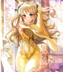 Rule 34 | 1girl, adjusting hair, alice vu, ao no kanata no four rhythm, arms up, black ribbon, blonde hair, blush, bodysuit, breasts, brown eyes, commission, covered navel, hair ribbon, highres, large breasts, light rays, long hair, looking at viewer, ribbon, satouin reiko, smile, solo, tying hair, yellow bodysuit