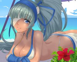 Rule 34 | 1girl, absurdres, aqua hair, ass, bikini, blue eyes, breasts, butt crack, cleavage, eyepatch, highres, large breasts, long hair, looking at viewer, lying, majikina mina, on stomach, ponytail, samurai spirits, sarong, smile, snk, solo, swimsuit, the pose, thong bikini