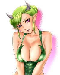 Rule 34 | 1girl, bare shoulders, breasts squeezed together, breasts, cleavage, demon girl, female focus, green hair, halftone, halftone background, horns, huge breasts, lipstick, makeup, original, pointy ears, purple eyes, solo, ueyama michirou, white background