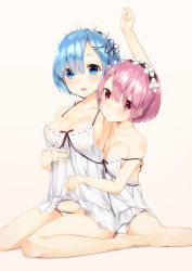 Rule 34 | 10s, 2girls, arm up, babydoll, bad id, bad nicoseiga id, bare legs, bare shoulders, barefoot, blue eyes, blue hair, blush, breasts, camisole, camisole lift, cleavage, clothes lift, collarbone, d:, gedou (shigure seishin), hair ornament, hair over one eye, highres, hug, hug from behind, lifting another&#039;s clothes, looking at viewer, maid headdress, medium breasts, multiple girls, off shoulder, open mouth, panties, pink eyes, pink hair, ram (re:zero), re:zero kara hajimeru isekai seikatsu, rem (re:zero), ribbon, short hair, siblings, sisters, sitting, strap slip, twins, underwear, wariza, white panties, x hair ornament