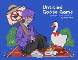 Rule 34 | 1boy, adapted costume, bespectacled, bird, black necktie, black pants, blue background, blush, bush, collared shirt, commentary request, copyright name, crossover, full body, glasses, goose, goose (untitled goose game), grin, half-closed eyes, hat, highres, holding, holding sign, jack-o&#039; ran-tan, knee up, long sleeves, looking at viewer, male focus, napoli no otokotachi, necktie, no symbol, orange socks, pants, picnic blanket, plaid blanket, purple eyes, purple hair, purple sweater, shirt, shoes, short hair, sign, simple background, sitting, smile, sneakers, socks, solo, sun hat, sweater, translation request, untitled goose game, unworn hat, unworn headwear, white footwear, white shirt, za (sametapizza )